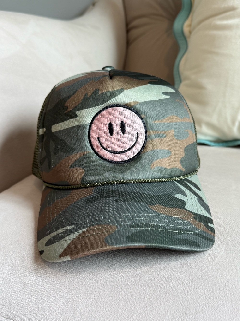 Altar'd State Camo Trucker Hat with Pink Smile Patch